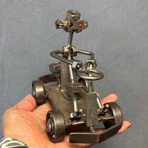 Vintage Handmade Welded Futuristic Metal Robot Car Toy Art Sculpture